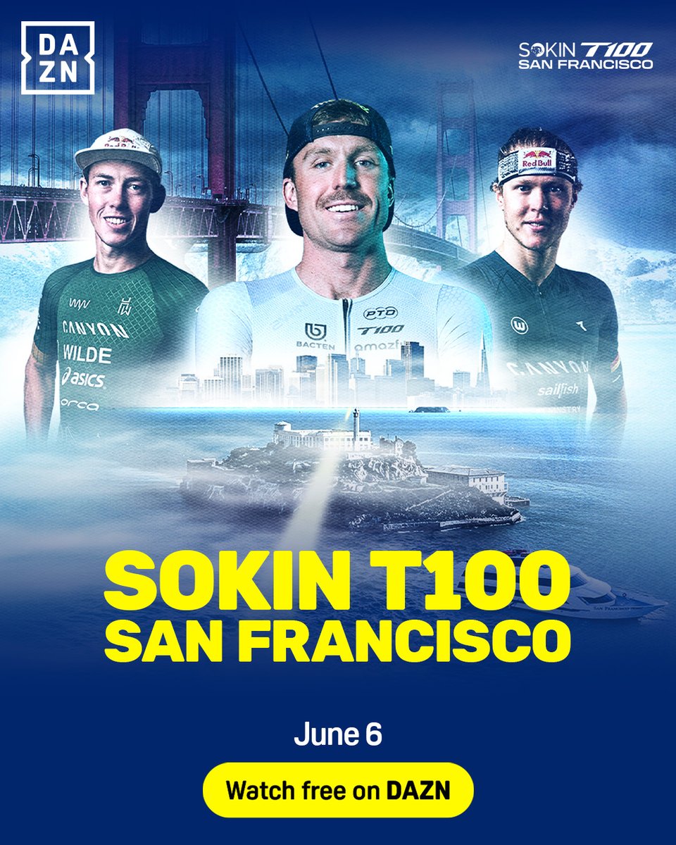 DAZN's tweet photo. The T100 heads to America’s stunning west coast for a flagship San Francisco event hosted at the famous Sokin Escape From Alcatraz triathlon! 🏃‍♂️🇺🇸

For over 45 years, athletes from around the world have tackled this event - a 1.5-mile swim, 18-mile ride, and 8-mile run through San Francisco’s toughest terrain 👀

#T100 | @t100triathlon