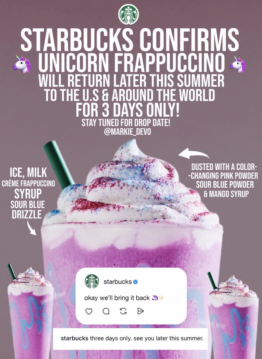 markie_devo's tweet photo. Hello there, beauty!🤩🦄

It’s happening… but you already knew that. Starbucks has confirmed that the colorful Unicorn Frappuccino is returning.

What we know:
🌎 It’s a worldwide release — and yes, the U.S. is included.
🗓️ Available for 3 days only later this summer.
📍Available at participating Starbucks locations.

📺 Stay tuned — I’ll reveal the date as soon as I’m allowed.

(News/Image: Starbucks)

Are you happy to see this return?👇🏻