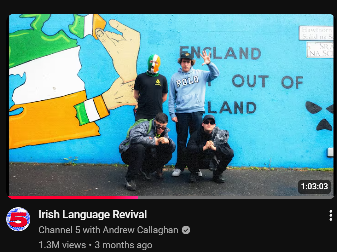 CityBureaucrat's tweet photo. Youtube round-up - Channel 5

Judging by the content on Channel 5 - the Gen Z Vice clone - the only permissible form of white identity will have to follow the leftist Irish model, i.e., wigger nationalism.

I watched some of this documentary on the Irish RETVRN to Gaelic and recorded a few observations.

First, there's a lot of talk about settler colonialism. The host, who is himself an American of Irish descent, refers to the United States as a settler colonialist nation and shows clips from Jan 6 to support his point. (After looking through the list of indicted Jan 6 attendees, I take this to mean Irish, Hmong, Laotian, Vietnamese, Jews, and Mexicans are settler colonialists in the U.S.)

The host next interviews an Irish podcaster who wears a plastic bag on his face and teaches his audience about Irish history. I zoned out during some of his Brief History of Ireland, but did hear him say that the Vikings were settler colonialists, that the English and Cromwell were settler colonialists, and, finally, that the potato famine was an example of the hazardous combination of settler colonialism and climate change.

When this history is combined with the hiphop radical chic behind the Gaelic movement, we basically have another ersatz persecution ethnoreligion like modern Judaism and Black identity.