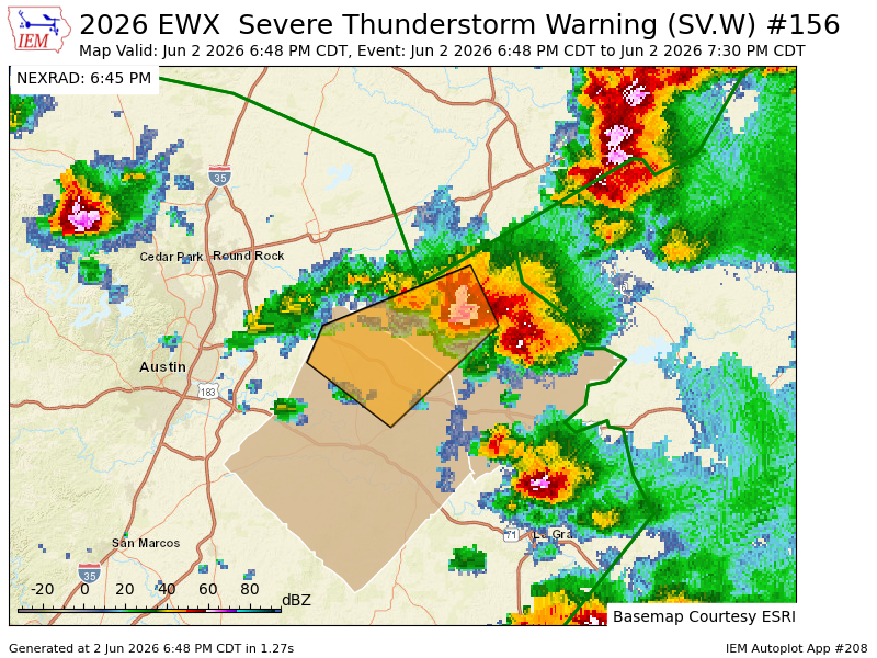 TexasStormAlert's tweet photo. EWX issues Severe Thunderstorm Warning [wind: 60 MPH (RADAR INDICATED), hail: 1.00 IN (RADAR INDICATED)] for Bastrop, Lee [TX] till 7:30 PM CDT https://t.co/hLSSikjWG3 https://t.co/pTZ9o6r8pv