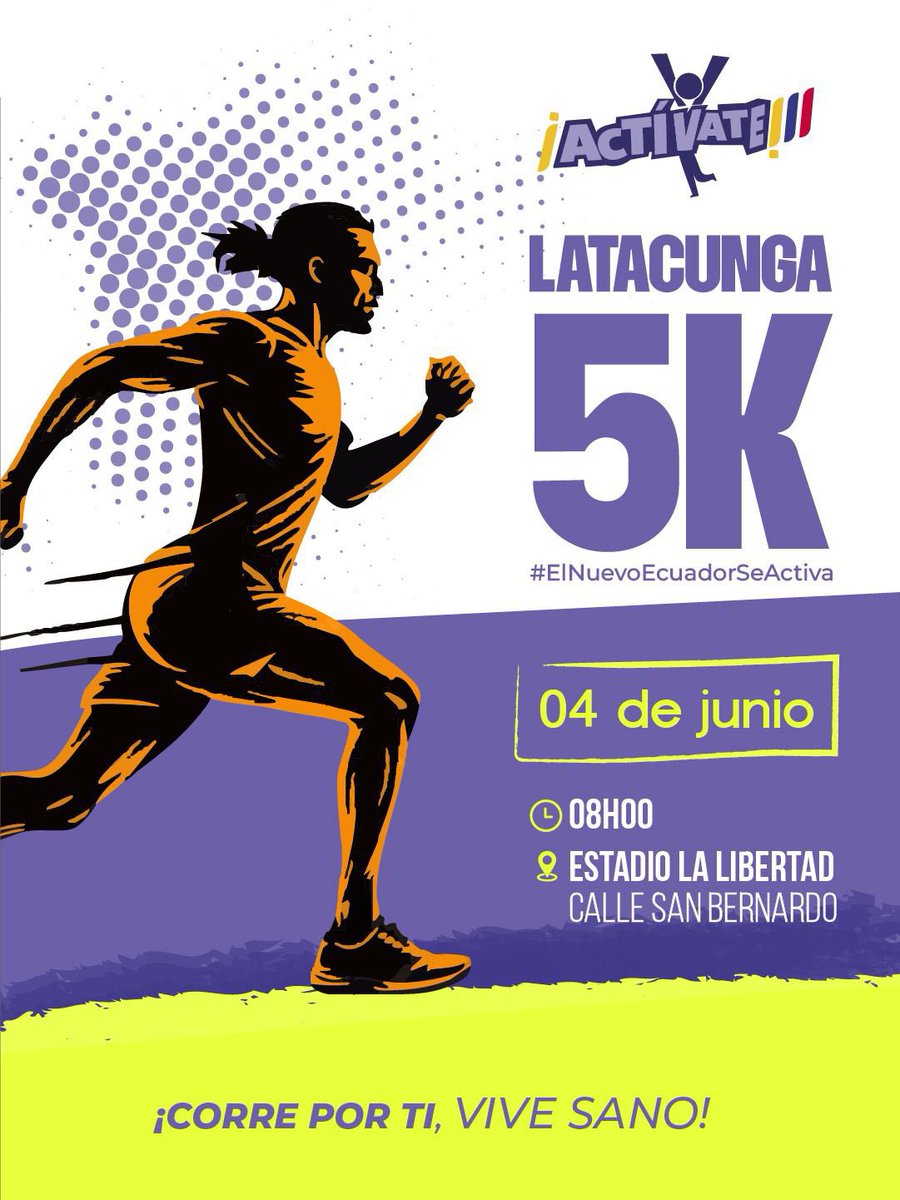 DeporteEc's tweet photo. 🏃‍♀️🏃‍♂️ ¡Latacunga se pone en movimiento!

Vive la emoción de los 5K #Actívate y corre con la camiseta de tu país favorito. Cada kilómetro será una oportunidad para compartir, disfrutar con energía. 💪✨

📍 Estadio La Libertad (calle San Bernardo)
🕗 08h00
📅 04 de junio https://t.co/sMOhASF4pm