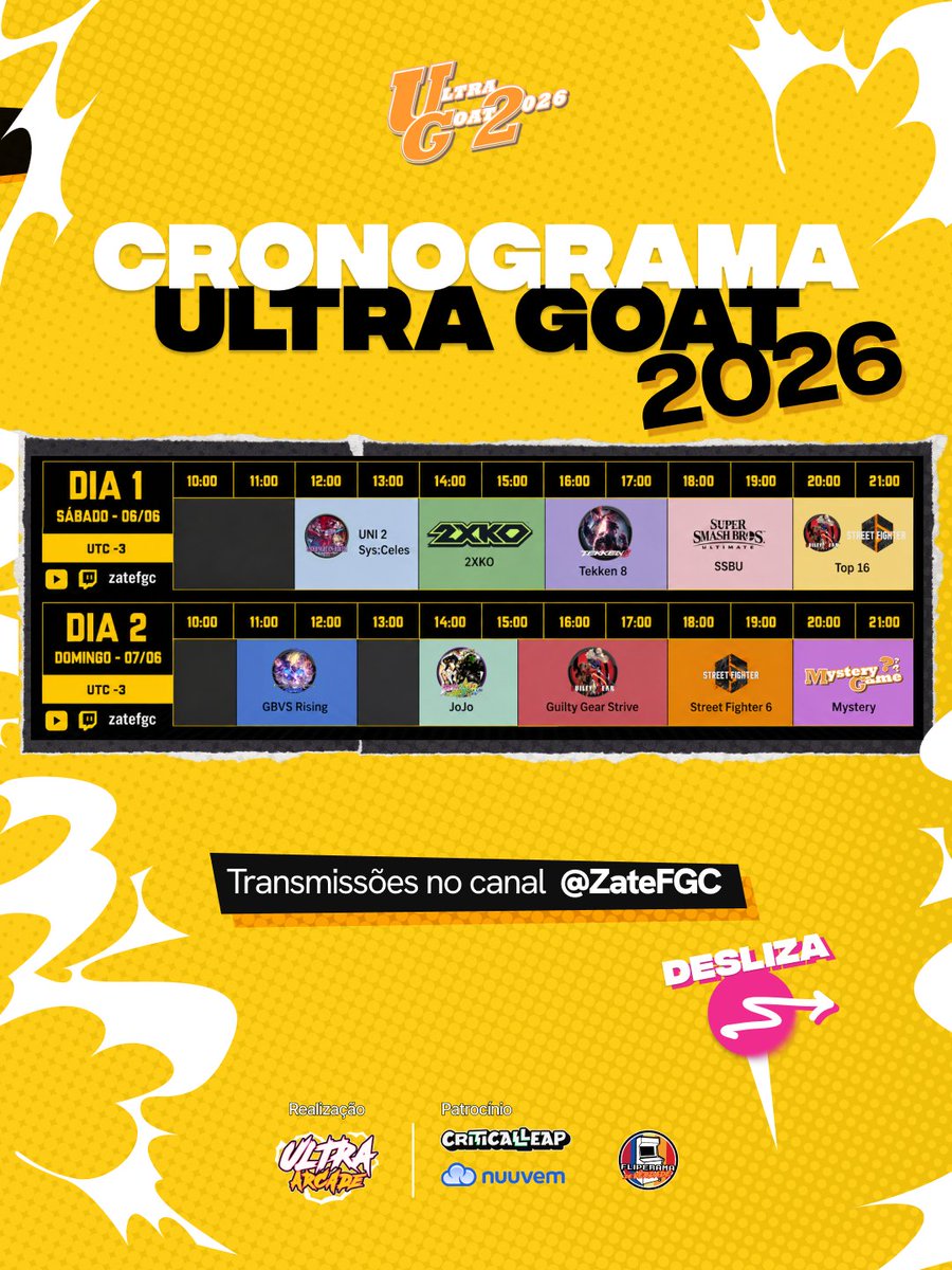 ultraarcadebh's tweet photo. Preparem seus controles! Esse é o CRONOGRAMA completo das competições 

As transmissões serão feitas nos canais do @Zatefgc  no Twitch e YouTube!

Não perca nenhum segundo da ação dos seus jogos de luta favoritos. 

Marque na agenda e venha torcer com a gente! https://t.co/v2tI2gl7is