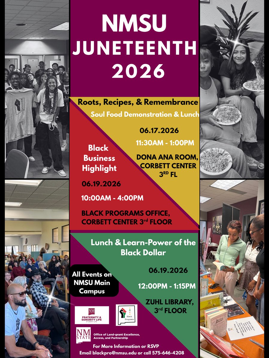 BlackNmsu's tweet photo. Join us for NMSU Juneteenth 2026

Celebrate community, culture, and empowerment through a Soul Food Demonstration &amp; Lunch, Black Business Highlight, and Lunch &amp; Learn: Power of the Black Dollar.

#NMSUJuneteenth #Juneteenth2026 #RootsRecipesRemembrance #NMSU #BlackExcellence https://t.co/KwT6K92EqF