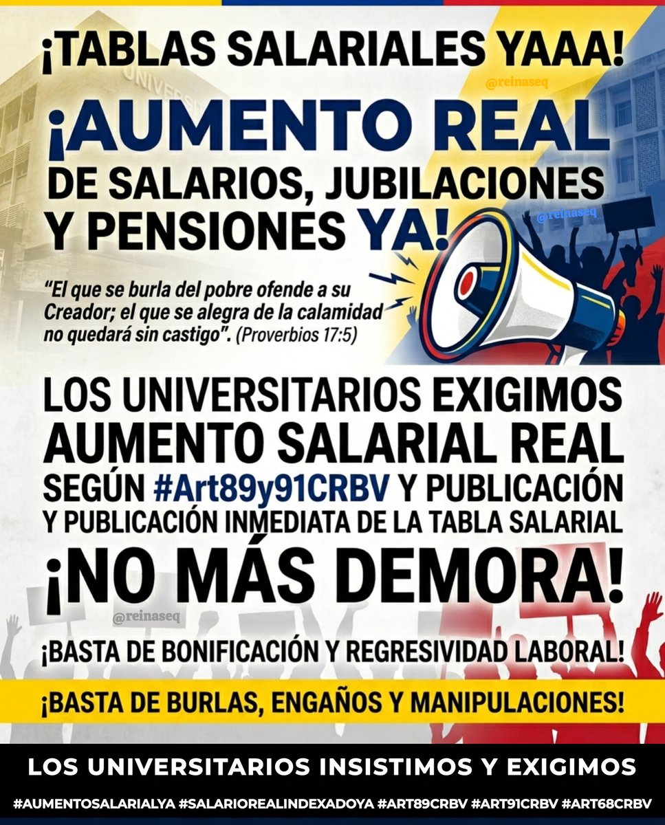 reinaseq's tweet photo. 📢🚨 ¡Ante la OPACIDAD y EXCLUSIÓN en el pago del Bono de Responsabilidad Académica! || LOS UNIVERSITARIOS EXIGIMOS AUMENTO SALARIAL REAL SEGÚN #Art89y91CRBV Y PUBLICACIÓN INMEDIATA DE LA TABLA SALARIAL ¡NO MÁS DEMORA!

LOS UNIVERSITARIOS INSISTIMOS
#AumentoSalarialYA #Art68CRBV https://t.co/jKAGIrM1kj