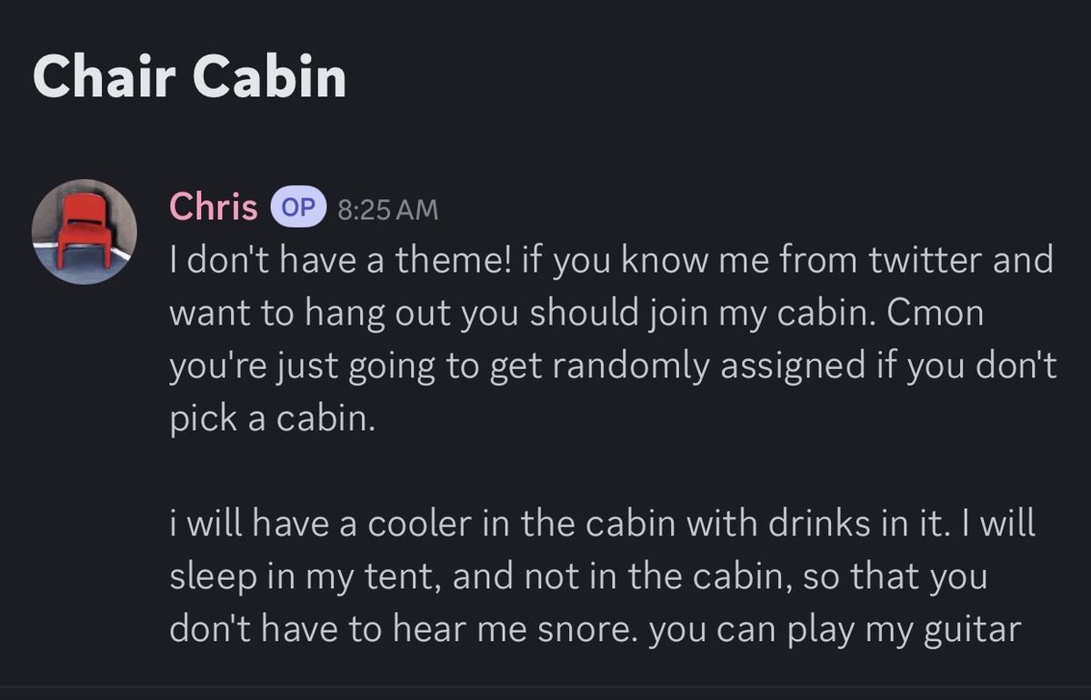 _chair's tweet photo. I changed my mind it's a cabin now. come be in my cabin. soon. because there's a deadline for cabin groups in a couple days https://t.co/96HeNBbks1