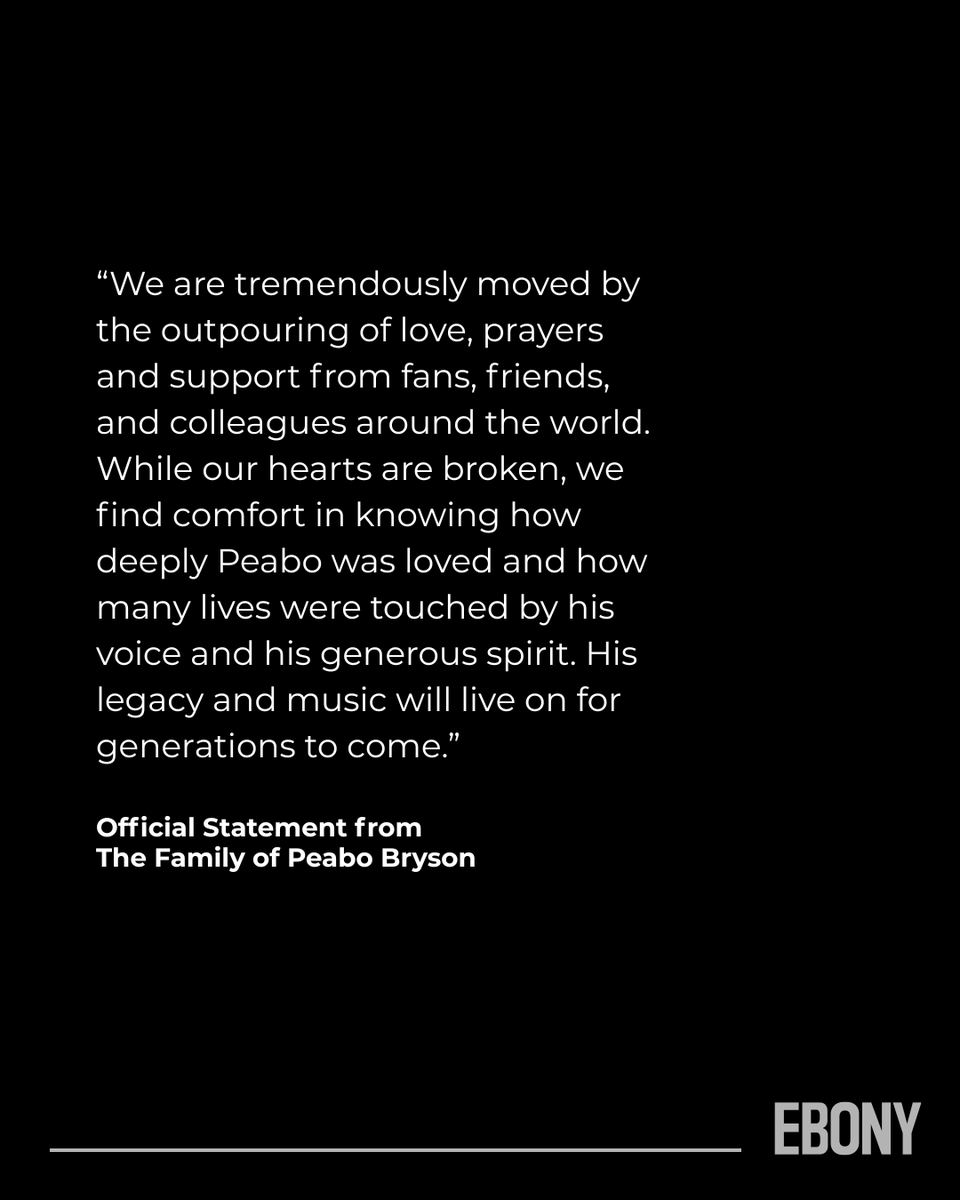 EBONY's tweet photo. GRAMMY Award-winning singer and songwriter Peabo Bryson left behind a legacy defined by romance, emotion, and a voice that helped shape the sound of modern R&amp;B and soul. 🖤

Read more as we honor a timeless voice and a legacy that will never be forgotten: https://t.co/hCk0tgaJvc https://t.co/eyVpICFwoK