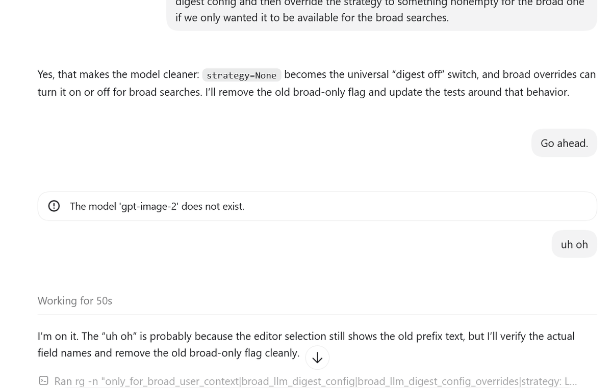 ReasonMeThis's tweet photo. Codex is having an identity crisis today with "gpt-image-2 does not exist" errors for all requests.

Fix I found: fork the chat. Both the new and original chats started working. https://t.co/su7Ip7D04u