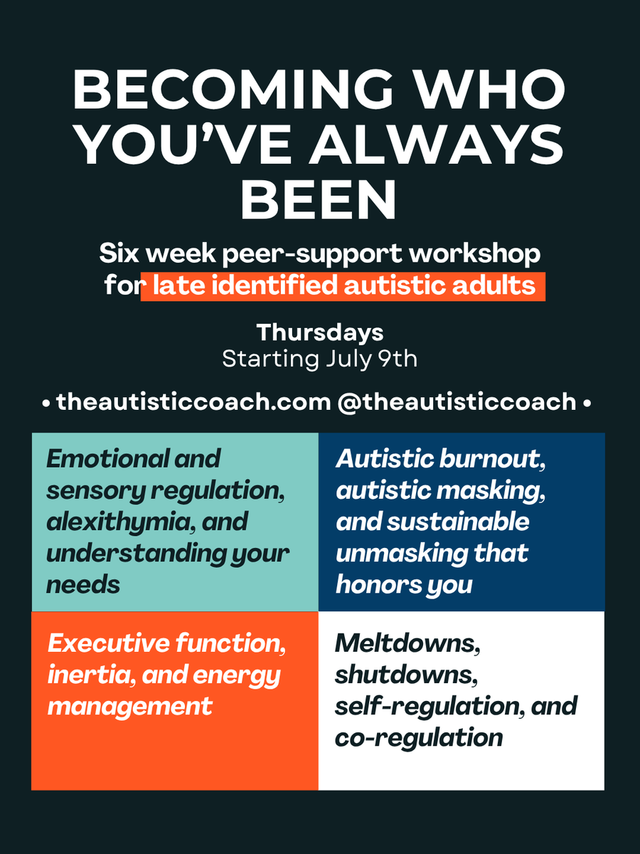 AutisticCoach_'s tweet photo. Understanding that you're autistic later in life is a journey - and you're not alone.

Join other late identified autistic adults for 6 weeks of exploration, tool building, and learning. 

https://t.co/sGhuHGkP7L https://t.co/nJKlKCrU7D