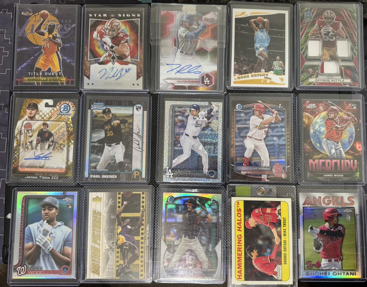 jocearl31's tweet photo. Shaq $25
Bosa $45
Rushing $15
Kobe $25
Kettle /25 $50
Tibbs auto /50 $110
Skenes RC /100 $270
Othani $25
Wetherholt $20
Woods mercury $80
Woods variation $40
Kobe $25
Eldridge 1st bowman $15
Othani/trout $50
Othani $20

Ships out tomorrow after noon. https://t.co/fJMWZjvjO3