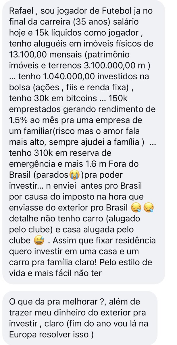 ZattarRafael's tweet photo. #Zflix
- Jogador de futebol em fim de carreira (35 anos)
- Salário atual: 15k
- 150k emprestados da 1.5% ao mês pra uma empresa de um familiar
- imóveis e terrenos: 3.1 milhões
- Investimentos financeiros: 3.2 milhões
- carro e casa alugados pelo clube
Em que ele pode melhorar?