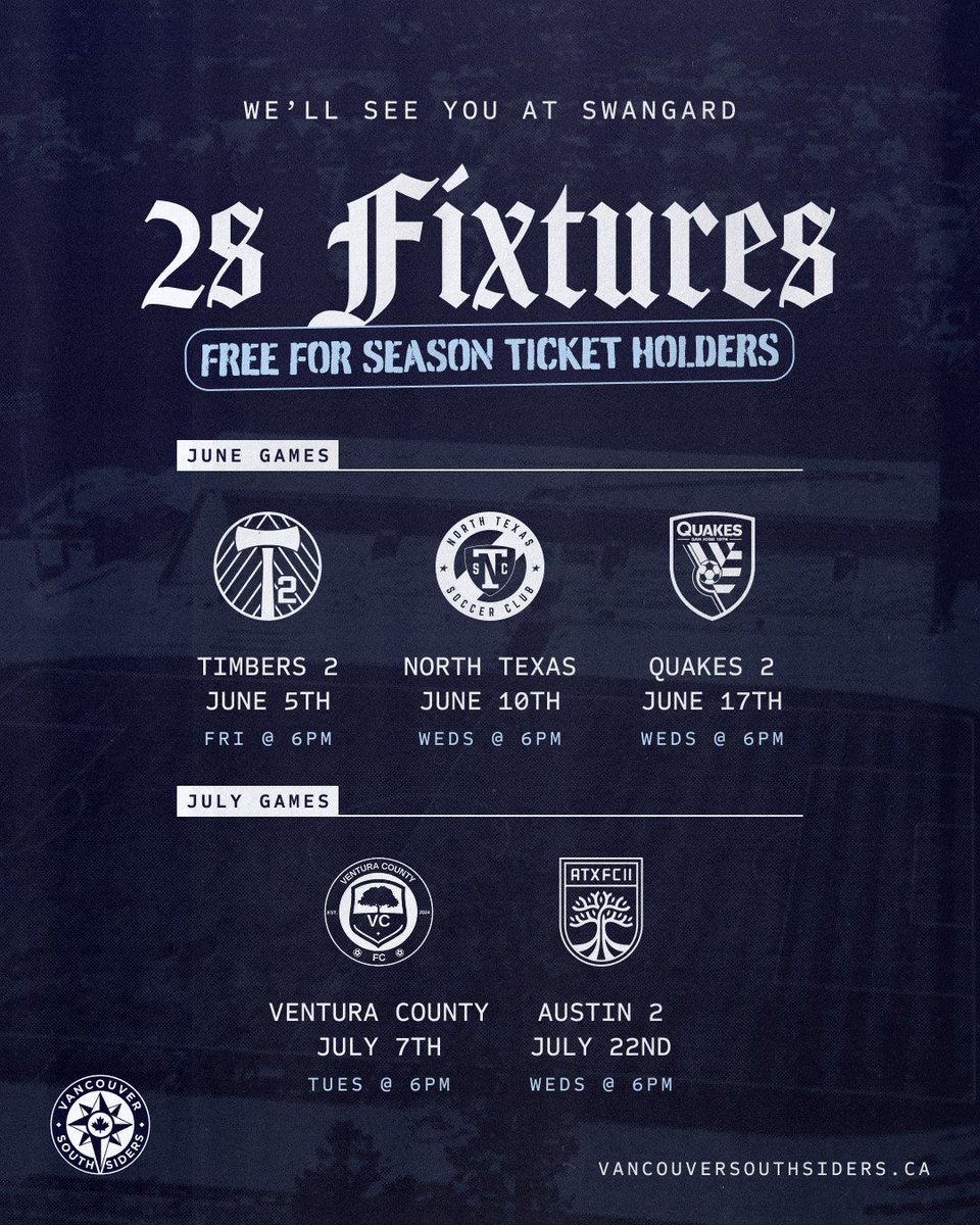 Southsiders's tweet photo. Looking for your football fix over the WC break?

A reminder that the 2s have some home matches and are a perfect way to enjoy a beautiful evening of football with your fellow supporters!

Also, STMs get free tickets through the Universe app.

See you there!

#SaveTheCaps #UTFSS https://t.co/fuUoY4RWBu