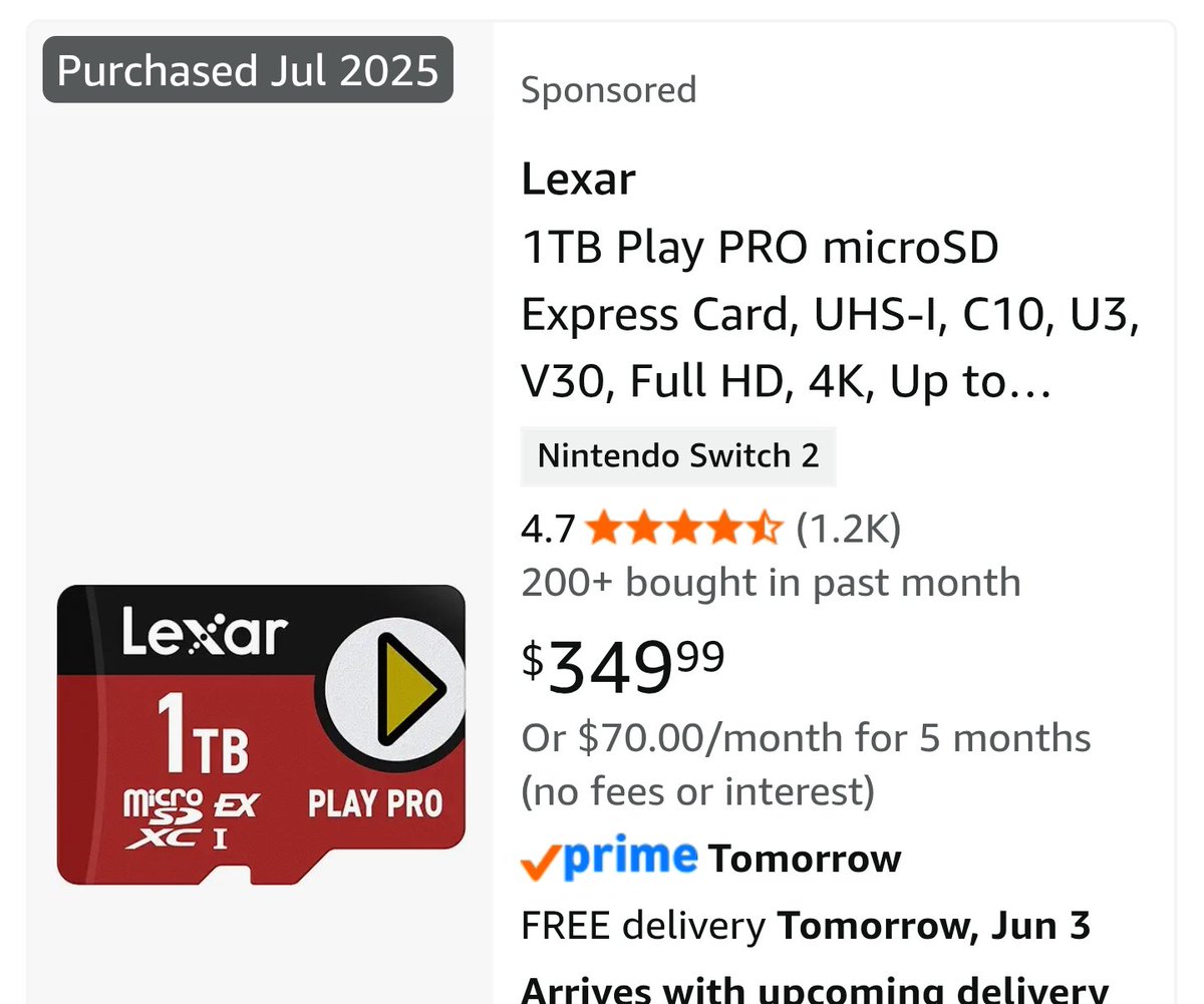 STONE_KING_X's tweet photo. I heard the ROG XBOX Ally X20 supports MicroSD Express Cards. 

I bought this Lexar 1TB Play Pro MicroSD Express Card for $183 July 2025. Now June 2026, the same MicroSD Card is $349. 👀👀👀

#ROGXBOXAllyX20
#MicroSDExpress https://t.co/2TgDshCjVK