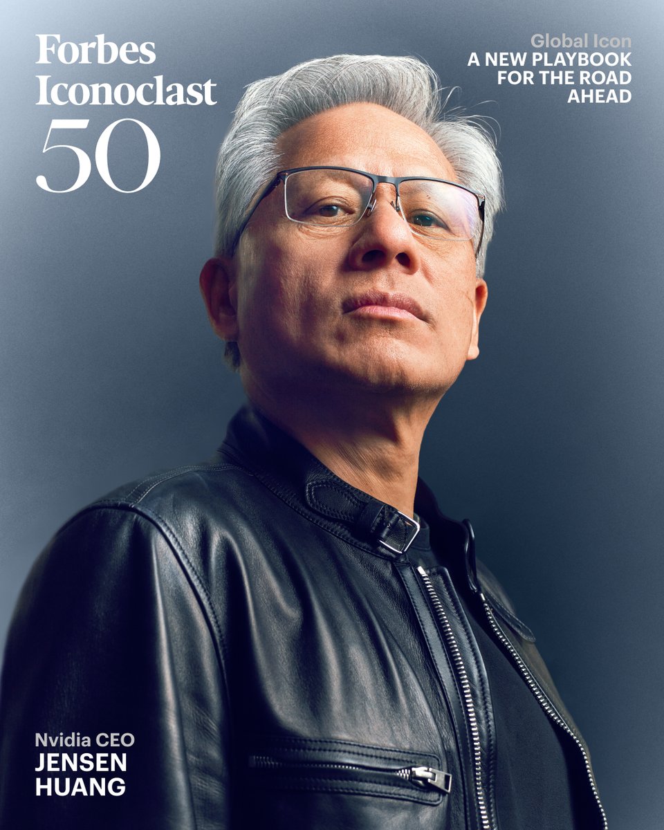 Forbes's tweet photo. In the AI gold rush, Jensen Huang is selling the picks and shovels. Nvidia's chips power AI companies around the world, helping the company become the first to surpass a $5 trillion market capitalization in late 2025. 

Read more about how he and others made the #ForbesIconoclast50 list: https://t.co/npegh7oECw
📸: Joe Pugliese/August

Presented by Corient