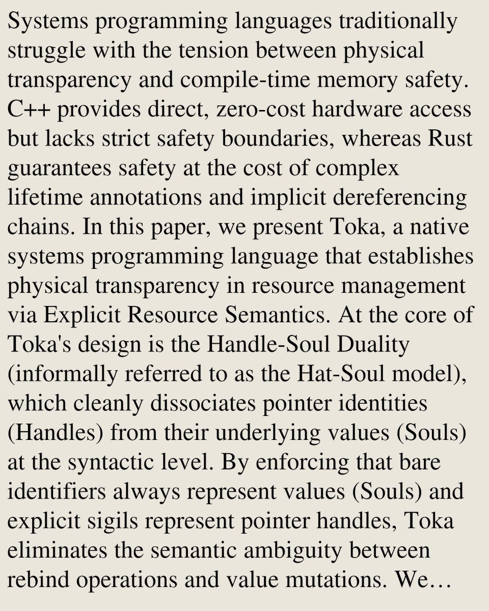 ProgPapers's tweet photo. Toka: A Systems Programming Language with Explicit Resource Semantics

Zhonghua Yi
https://t.co/vnh1F8jREz [𝚌𝚜.𝙿𝙻] https://t.co/90aIb3JKqq