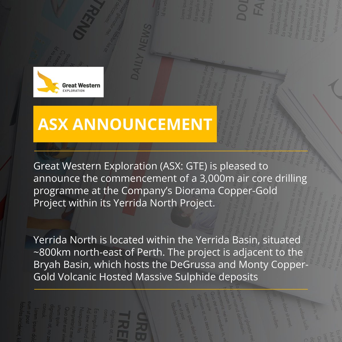 ReadCorporate's tweet photo. .@GreatWesternEx steps up its hunt for the next DeGrussa copper-gold discovery with drilling underway at the Diorama target in WA. This will be followed by drilling of seven individual copper-gold targets nearby.  

https://t.co/lBFWpHilKM

#GTE $GTE https://t.co/qI3SWGlDoi