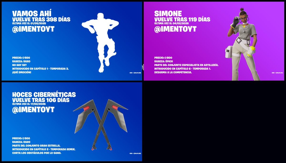 imentoyt's tweet photo. Hoy en items que vuelven tras mucho tiempo: #Fortnite

- Vamos ahí (398 días)
- Simone (119 días)
- Hoces cibernéticas (106 días)

❤️ Código "ento" #ad https://t.co/hPWrMP2FBc