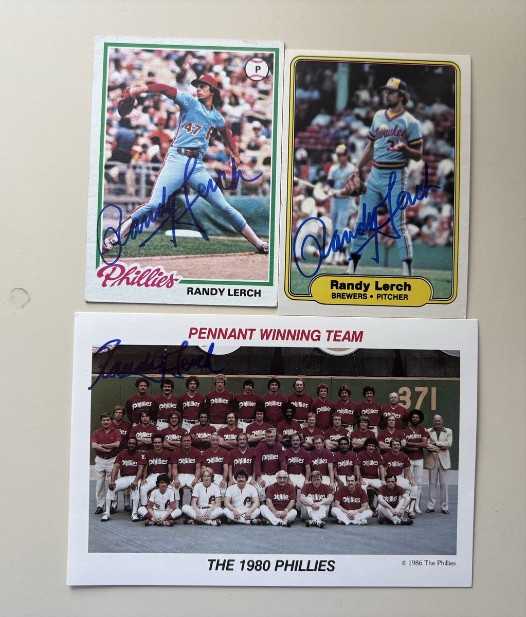 mjs80377's tweet photo. Thanks to former @Phillies @Brewers Pitcher Randy Lerch for signing my cards & postcard #TastyKake #Topps #Fleer #BaseballCards #TTMSuccess #Autographs #Hobby #Collect #TTMAutographs #TTM #RingtheBell #ThisIsMyCrew https://t.co/6LOIZ5xqGk