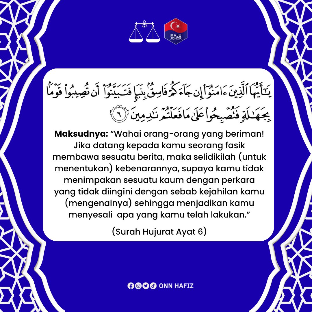 onnhafiz's tweet photo. Bismillahirrahmanirrahim.
Assalamualaikum warahmatullahi wabarakatuh dan Salam Maju Johor.

Saya mengambil maklum mengenai satu senarai calon Barisan Nasional yang sedang bertebaran di media sosial dan aplikasi WhatsApp. Saya ingin menegaskan bahawa senarai tersebut adalah PALSU DAN TIDAK BENAR.

Sebarang pengumuman rasmi berkaitan calon Barisan Nasional hanya akan dibuat melalui saluran rasmi parti. Dalam bahang pilihan raya ini, sudah pasti akan ada pelbagai bentuk fitnah, khabar angin, provokasi dan berita palsu yang cuba dimainkan oleh pihak-pihak tertentu bagi menimbulkan kekeliruan dalam kalangan rakyat.

Allah SWT berfirman dalam Surah Al-Hujurat, ayat 6:
“Wahai orang-orang yang beriman! Jika datang kepada kamu seorang fasik membawa sesuatu berita, maka selidikilah (untuk menentukan) kebenarannya, supaya kamu tidak menimpakan sesuatu kaum dengan perkara yang tidak diingini dengan sebab kejahilan kamu (mengenainya) sehingga menjadikan kamu menyesali apa yang kamu telah lakukan.”

Justeru, saya menyeru seluruh Bangsa Johor agar mengamalkan sikap tabayyun, menyemak fakta terlebih dahulu dan mendapatkan maklumat daripada sumber rasmi sebelum menerima atau menyebarkan sesuatu berita.

Marilah kita berpolitik secara matang, berakhlak dan bertanggungjawab. Jangan benarkan berita palsu memudaratkan keharmonian, kestabilan serta proses demokrasi di negeri Johor yang kita cintai.

Allah Peliharakan Sultan
Allah Berkati Johor
Kepada Allah Kita Berserah

#BangsaJohor #MajuJohor #BarisanNasional  #BNJohor #KitaPilihBiru