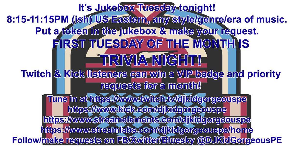 djkidgorgeouspe's tweet photo. TUNE IN https://t.co/cIO6HC51bK
June's HERE! Kicking off tonight w/ Jukebox Tuesday TRIVIA NIGHT. 8:15-11-15 PM US EDT with OPEN music choice, anything goes requests, + TRIVIA. One listener each on Twitch &amp; Kick can win a VIP badge for a month!
1/ https://t.co/0IfThJVOUg