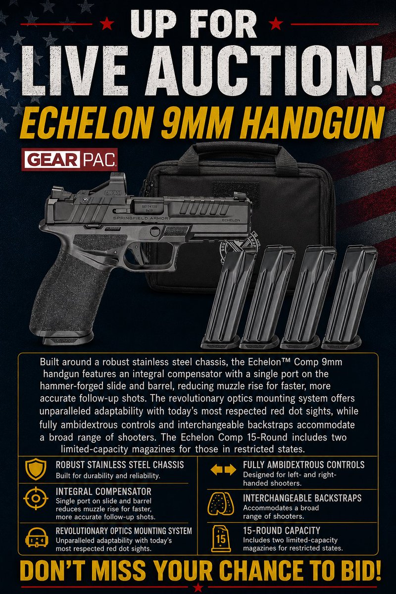 LarimerGOP's tweet photo. For our Liberty and Lead event we’ll have the rifle available for our live auction!

Echelon 9mm Hangun

Built around a robust stainless steel chassis, the Echelon™ Comp 9mm handgun features an integral compensator with a single port on the hammer-forged slide and barrel, reducing muzzle rise for faster, more accurate follow-up shots. The revolutionary optics mounting system offers unparalleled adaptability with today's most respected red dot sights, while fully ambidextrous controls and interchangeable backstraps accommodate a broad range of shooters. The Echelon Comp 15-Round includes two limited-capacity magazines for those in restricted states.

Enjoy a fun day shooting and seeing how you stack against the best Larimer Co has to offer. 

Event details: https://t.co/LoM32nOoJm

Sign up to shoot with your team: https://t.co/qp2CLudl7m