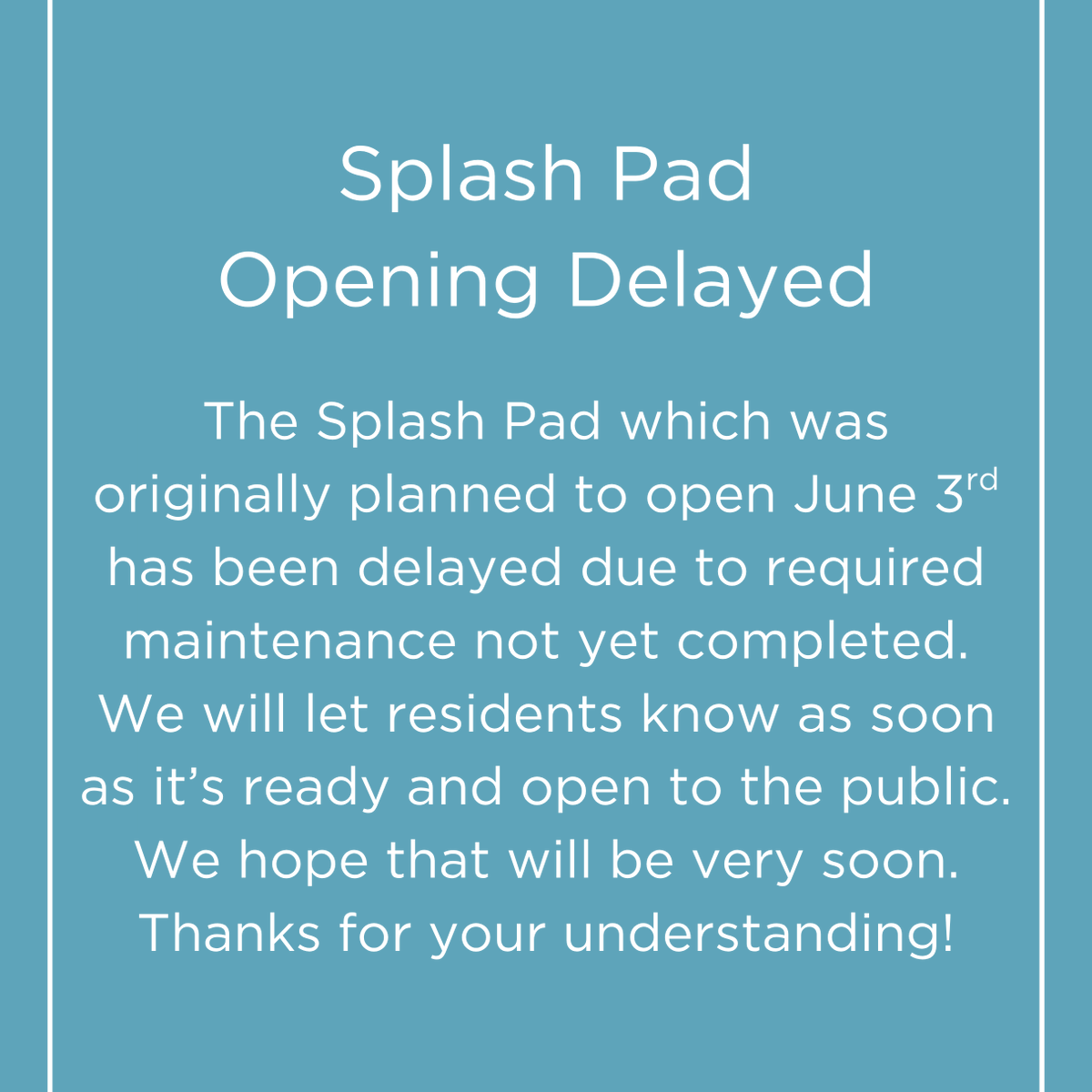 HighlandCity's tweet photo. The Splash Pad which was originally planned to open June 3rd has been delayed due to required maintenance not yet being completed. We will let residents know as soon as it’s ready and open. We hope that will be very soon in the coming days. Thanks for your understanding! https://t.co/4Qi60yrg5f