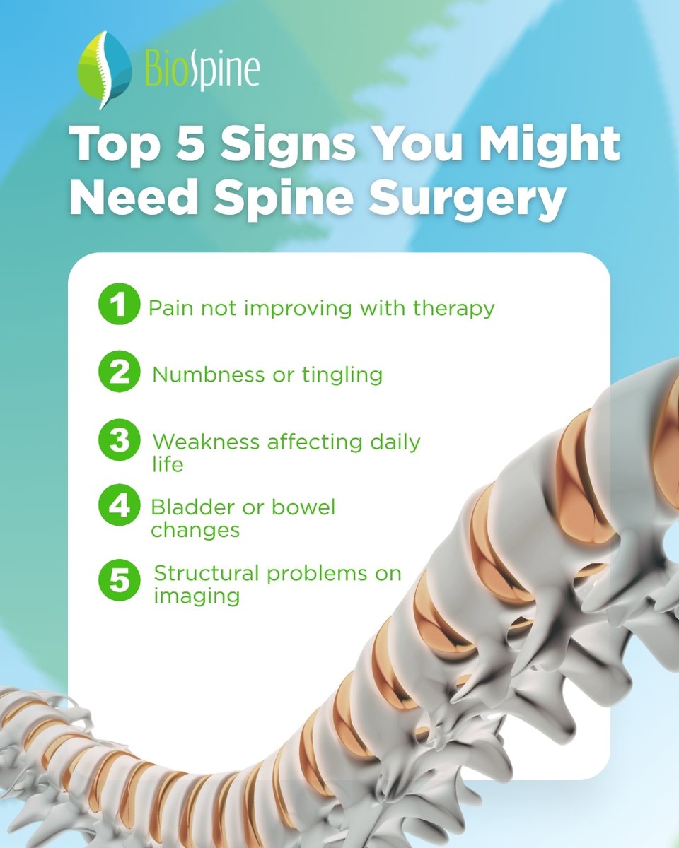 BioSpineDoctors's tweet photo. Top 5 signs you might need spine surgery

1️⃣ Ongoing pain
2️⃣ Numbness or tingling
3️⃣ Weakness
4️⃣ Bladder or bowel changes
5️⃣ Imaging findings

Surgery isn’t always first, but knowing the signs matters https://t.co/VxWA4j0U5p