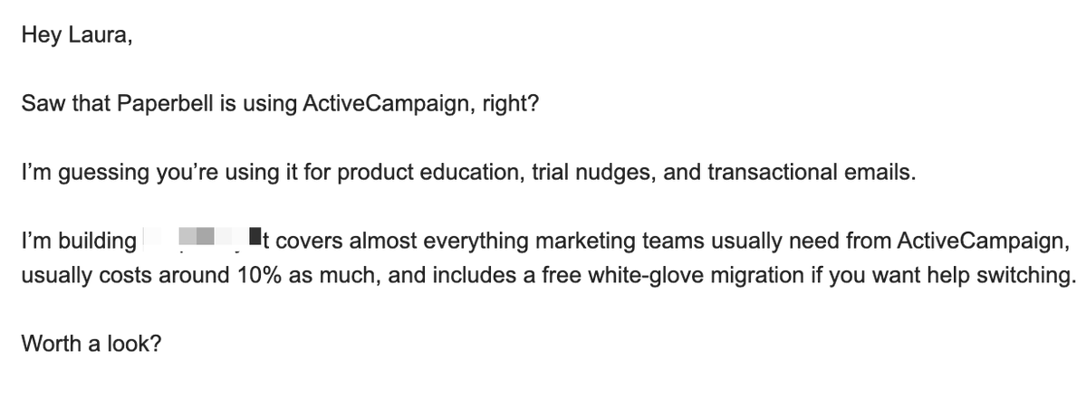 lkr's tweet photo. My hypothesis is that the ease of building software will bring a huge renewed importance on brand and trust, which will mean investing more in marketing and advertising to build recognition

Here's a cold email I just got - they say their product is 10% of the cost of activecampaign

Now this pitch would have never gotten me interested anyway because we rely hugely on activecampaign. I'd have to be convinced that the new product is MORE reliable than activecampaign

But now I have to question if every new software tool is just complete AI slop that doesn't work