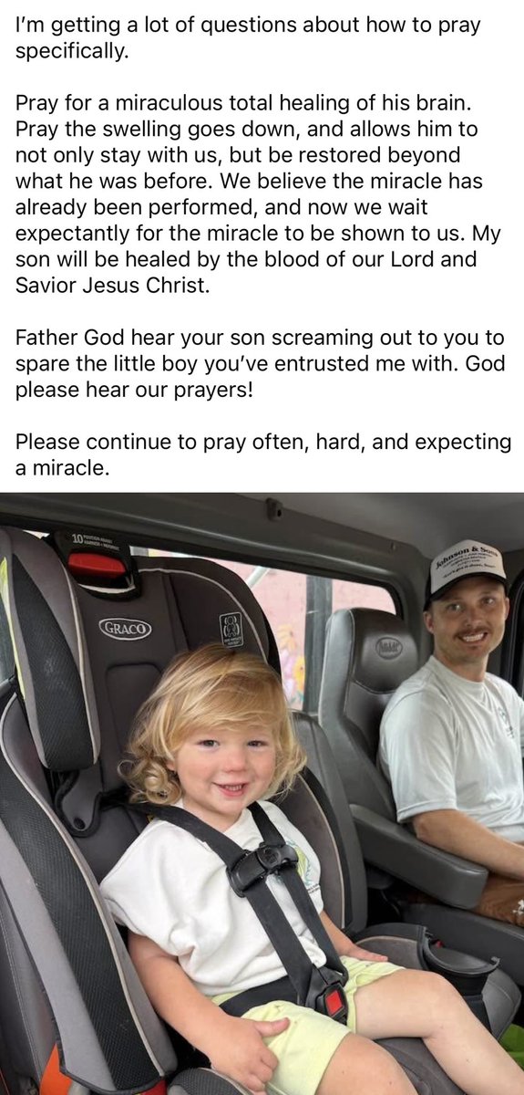 tyromper's tweet photo. Directly from the boys father.

Please continue praying for Hayes, his family, the doctors, &amp; a full &amp; complete healing. ❤️‍🩹 🙏❤️

"With God all things are possible."

              -Matthew 19:26 https://t.co/xyttMJCxNS