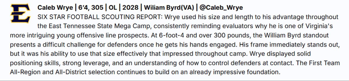 CoachBradLutz's tweet photo. College coaches, don’t miss @sixstarfootball write-up on Caleb Wrye’s (William Byrd HS - 6’4” 305 - c/o 2028) performance at ETSU’s camp. 
@JoeyOrck @CoachBWolfe @CoachMooreVT @JCPrice59 @CoachKaster @CoachRobSale @_CoachJHairston @Coach_Armstrong @coachmcompton @CoachGaryBass https://t.co/DZMXyHHQY6