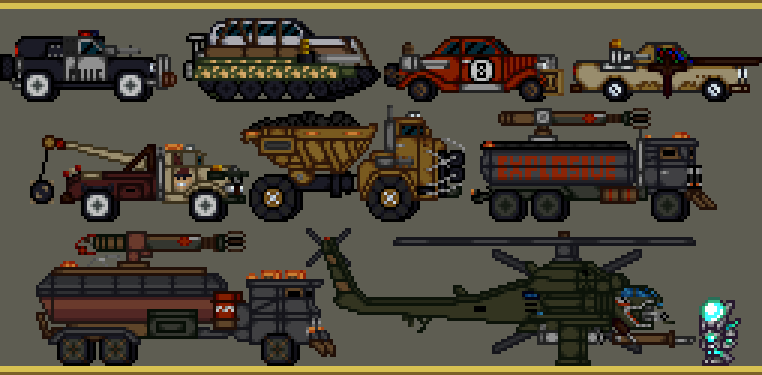 AbsoluteBoom96's tweet photo. All newcomers from Twisted Metal: Black.
Plus Outlaw, Warthog and Minion who I have made previously.
Didn't draw the front facing rotors on Warhawk, so they don't obscure the helicopter.
#pixelart #pixelartist #terraria #twistedmetal #twisted_metal #helicopter https://t.co/8wfy62nkjp