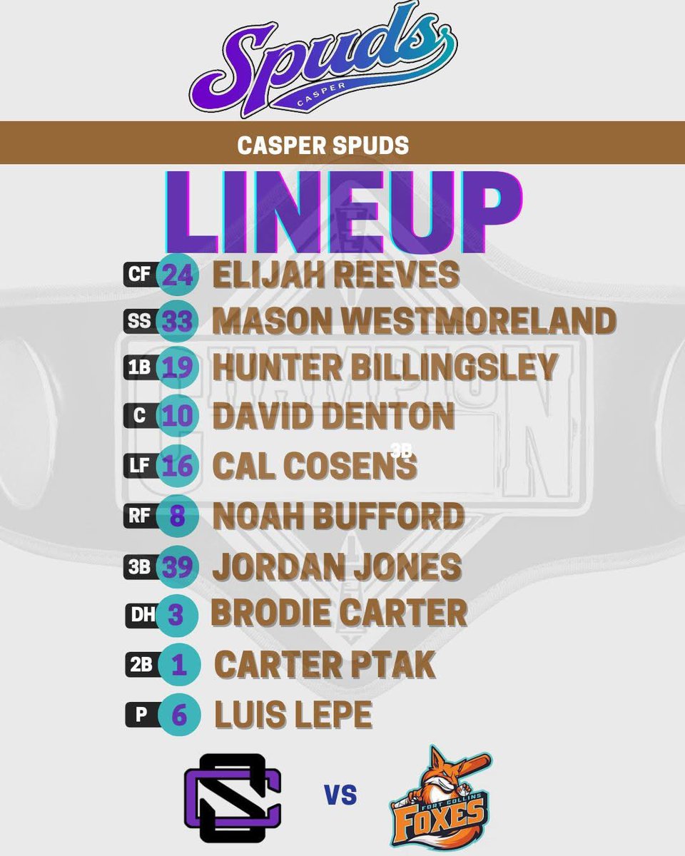 spudsbaseball's tweet photo. Donโt miss the first-ever Casper/Collins Belt matchup between the Spuds & the @FoCoFoxes tonight! Hopefully the 1st if many between the two organizations!
Grab your friends, wear your purple, and pack Mike Lansing Field for another huge summer night of Spuds Baseball! ๐
#GoSpuds https://t.co/YBomFZ521H
