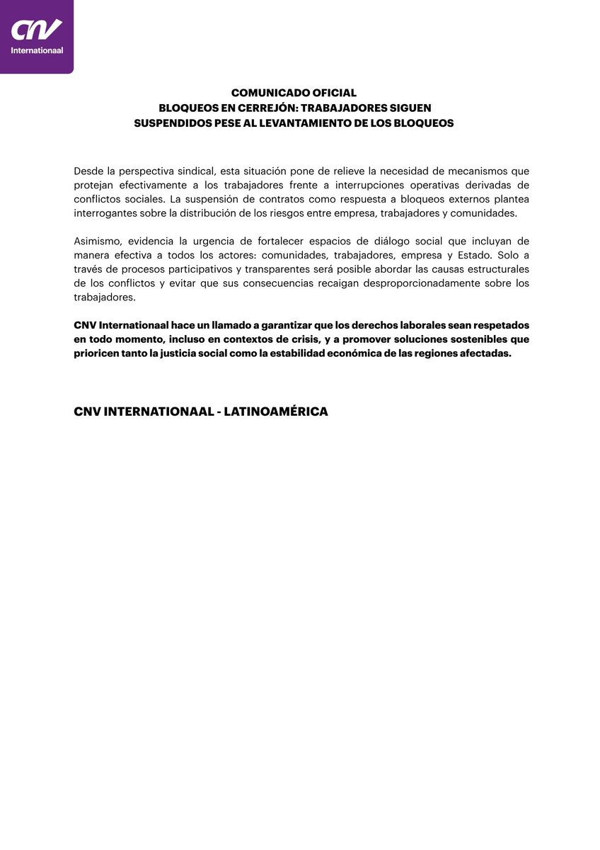 CNVLatam's tweet photo. 🚨 #MineríaColombia

Tras siete días de bloqueos en la vía férrea, la empresa @CerrejonCol  suspendió sus operaciones y los contratos de la mayoría de sus trabajadores, alegando fuerza mayor. Hoy, aunque el bloqueo ya fue levantado y la vía férrea reactivada, cientos de trabajadores continúan con sus contratos suspendidos.

“El Ministerio de Trabajo intervino, se levantó el bloqueo y cesaron las condiciones que justificaban la medida. A pesar de esto, la empresa mantiene la suspensión de los contratos”, señala Igor Díaz, líder sindical.

Desde @CNV_Internat  hacemos un llamado a reactivar los contratos de los trabajadores, garantizar el respeto a los derechos laborales y fortalecer el diálogo social tripartito entre empresa, trabajadores y gobierno nacional

#DerechosLaborales #Colombia #Cerrejón #JusticiaSocial #TrabajoDecente #DiálogoSocial