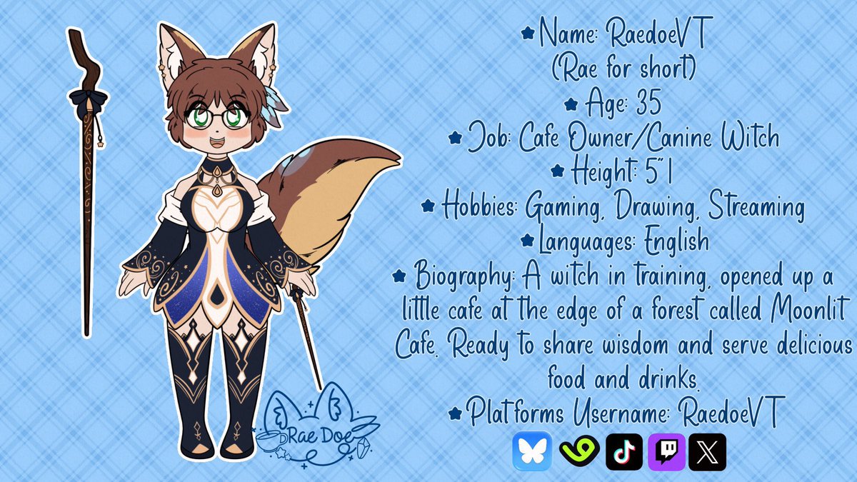 RaedoeVT's tweet photo. @aurensyl I’d love to see what you come up with! I’m a small artist/Vtuber who is a witchy canine that runs a cafe called the Moonlit Cafe! https://t.co/fuigQJfWdD