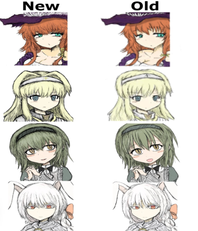 CakeyAndStuff's tweet photo. Comparison between Toro's old and new portraits of our favorite girls https://t.co/K82qjCfD3J