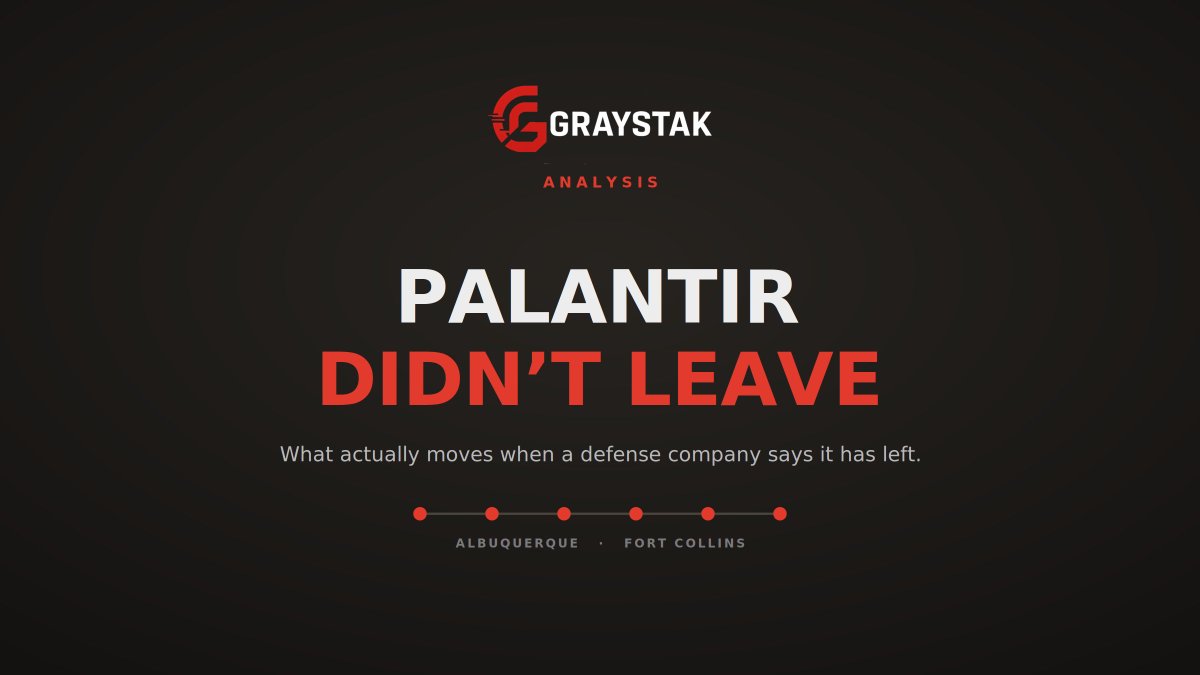 SweatEm's tweet photo. Palantir said it left Colorado for Miami.

The filing moved. The workforce, the contracts, and the work didn't — its new "global HQ" is a coworking suite in Aventura.

The real story runs the length of I-25, and it moves $30B+ a year.

Full piece below. https://t.co/irH59DYc0m