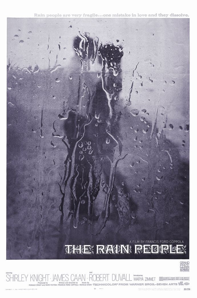 iwtbf12's tweet photo. 台風、大丈夫ですか？
土砂降りの日に思い出すのは、『雨のなかの女』（1969）
“雨人間は、雨でできていて、泣けば消えてしまう”
劇中、ジミー（ジェームズ・カーン）が語る印象的な台詞が原題になってるコッポラ初期のロードムービー。
シャーリー・ナイト、 ロバート・デュヴァルも。 https://t.co/rCtr8tviU6