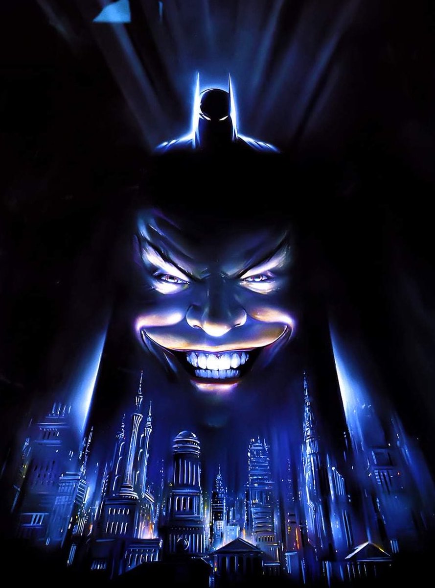 HistoftheBatman's tweet photo. Poster concept for Tim Burton’s “Batman” (1989) by John Alvin starring Michael Keaton and Jack Nicholson as #Batman and Jack Napier / the Joker, respectively.🦇🃏

Cinematic painter John Alvin (1948-2008) helped design Warner Bros. posters for the Burton / Schumacherverse films. https://t.co/tCGSDhAd0L