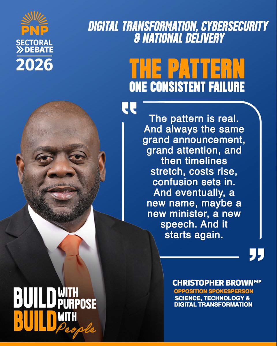 JamaicaPNP's tweet photo. “The pattern is real. And always the same grand announcement, grand attention, and then timelines stretch, costs rise, confusion sets in. And eventually, a new name, maybe a new minister, a new speech. And it starts again.”
#sectoraldebate2026 #BuildWithPurposeBuildWithPeople https://t.co/8sKOTaRf5L