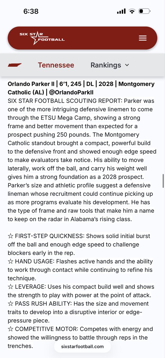 OrlandoParkII's tweet photo. Thank you at @sixstarfootball for the write up at @ETSUFootball camp.Thankful and honored to be one of the few! @MCPKnightsFB @CoachC_Ruppert @CoachAB36 @TyHardnett @TeamPlott6 @TCraw3 @Cdj18_ @AuburnMade @joe_discher @coachwatdawg @CoachJLong_ @Coach_D13 @CadeStreeter @AWarren36 https://t.co/USKewXgylb