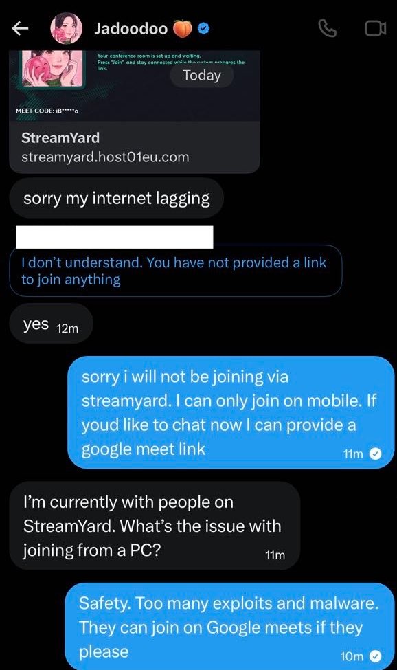 zachxbt's tweet photo. @jadoodoo_ The type of bs scammers post when sending malware to people on XChat.

(Account is compromised) https://t.co/zP24u3QhWq