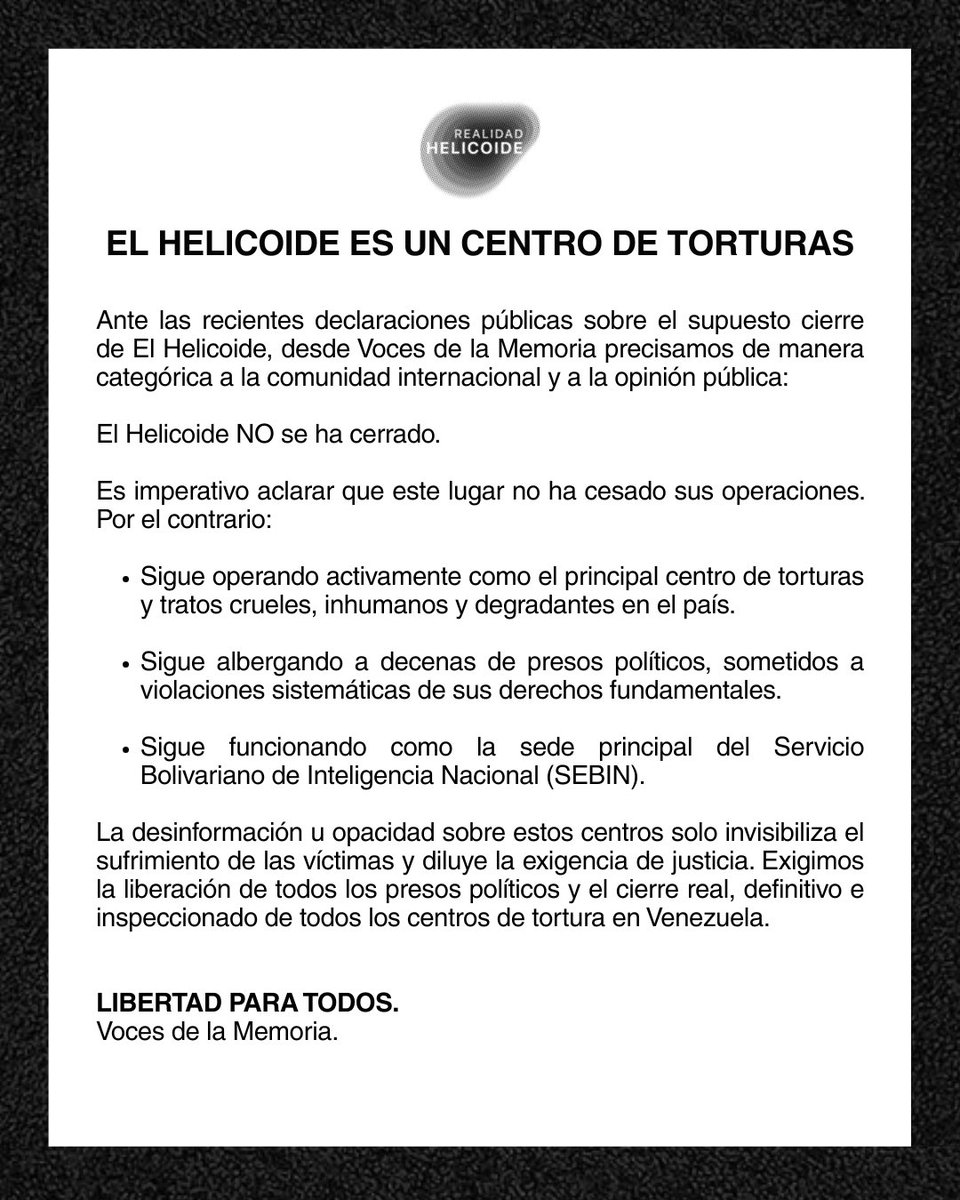 RHelicoide's tweet photo. ATENCIÓN | El Helicoide NO se ha cerrado.

Frente a las recientes declaraciones del Secretario de Estado (@SecRubio), aclaramos la situación actual del centro de torturas, El Helicoide. https://t.co/is8RTxu6Ej