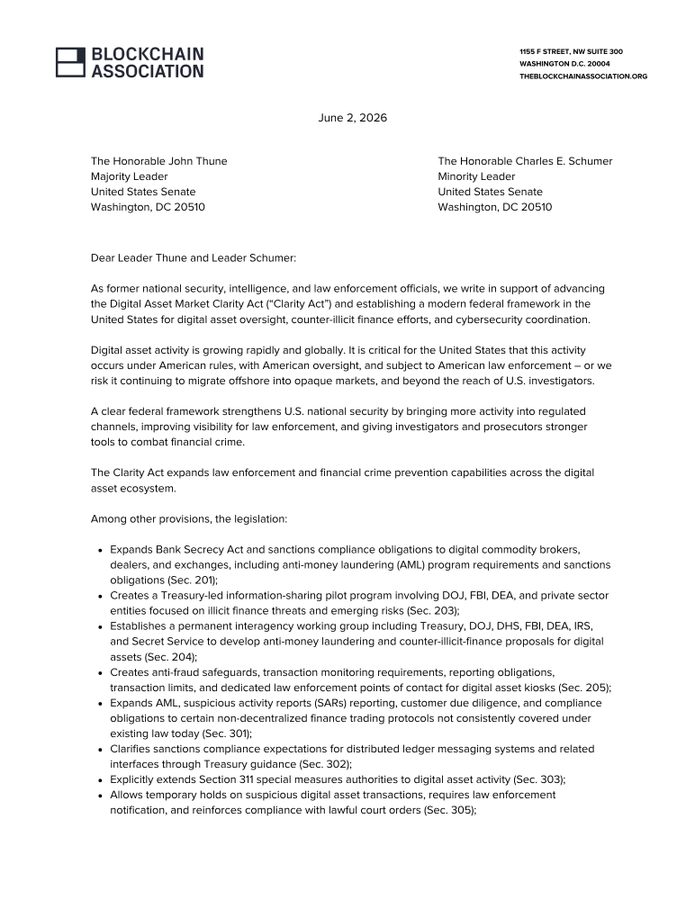 BitcoinNewsCom's tweet photo. 160 former national security, intelligence, and law enforcement officials have signed a letter urging Senate leaders to advance the CLARITY Act.

The group argues that digital asset market structure is a national security and law enforcement priority, saying “regulatory clarity is an enforcement advantage.”

The letter highlights provisions that expand anti-money laundering and sanctions compliance, strengthen coordination between Treasury, DOJ, FBI, and DEA, create a permanent digital asset illicit finance task force, and add new consumer protections for crypto kiosks.

Supporters say clear rules bring more activity under US oversight, improve visibility for investigators, and make it easier to combat fraud, money laundering, sanctions evasion, terrorism financing, and trafficking.

The push comes as industry advocates head to Washington this week for meetings across 18 Senate offices to rally support for the bill.