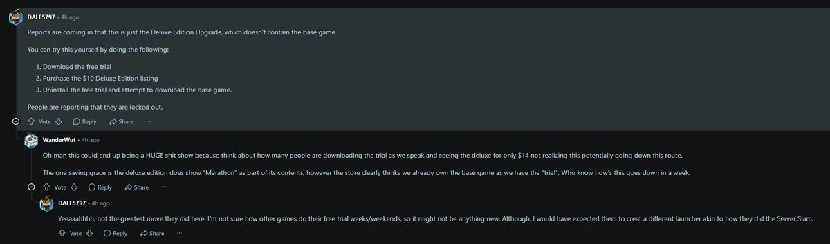 Wario64's tweet photo. There's reports that the Marathon Deluxe $14 deal won't give you the main game once the trial is over (upgrade package only) - apparently the store thinks you own the game when you get the trial but the trial is just a temporary license. Not sure what's truly the case  https://t.co/ct5UJfm68F