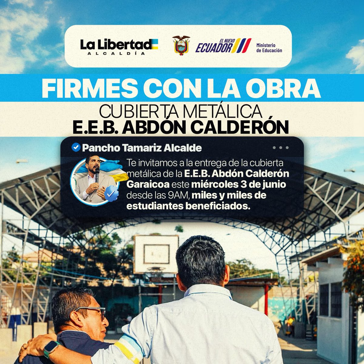UnCafeConJJ's tweet photo. #ContenidoPatrocinado😎
¡Seguimos firmes con la obra educativa!  
 Este miércoles 3 de junio, desde las 9 de la mañana, entregaremos una nueva cubierta metálica en favor de miles de niños y jóvenes libertenses, en la Escuela Abdón Calderón. https://t.co/edLQZwtO6E