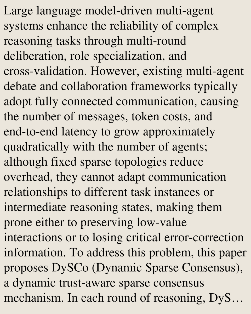 PIN's tweet photo. Dynamic Trust-Aware Sparse Communication Topology for LLM-Based Multi-Agent Consensus

Wanshuang Gou, Zihan Liu
https://t.co/Tb5WHZLYcS [𝚌𝚜.𝙼𝙰 𝚌𝚜.𝙰𝙸] https://t.co/PXWc9FnygZ