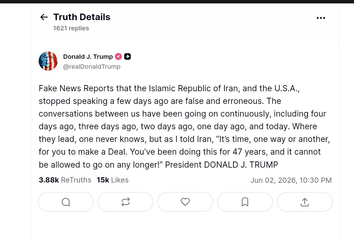 CNBCTV18Live's tweet photo. #WestAsiaWar | US President #DonaldTrump says, fake News Reports that #Iran and US stopped speaking a few days ago are false and erroneous. The conversations between us have been going on continuously

I told Iran, "It's time, one way or another, for you to make a Deal"

🔴US Central Command says, conducted self-defense strikes on Qeshm Island in response to attempted attacks by #Iran across the Middle East, June 2

Iran launched several ballistic missiles toward regional neighbors

#Kuwait #Qatar