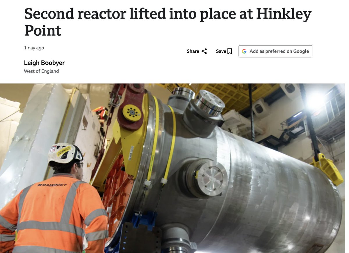 uraniumintern's tweet photo. A second nuclear reactor has been lifted into place as work continues at Britain's largest nuclear power station.

EDF, which is building Hinkley Point C in Somerset, said the 500-tonne cylinder will now be installed inside the reactor building. #uranium https://t.co/J5TxtRB8or