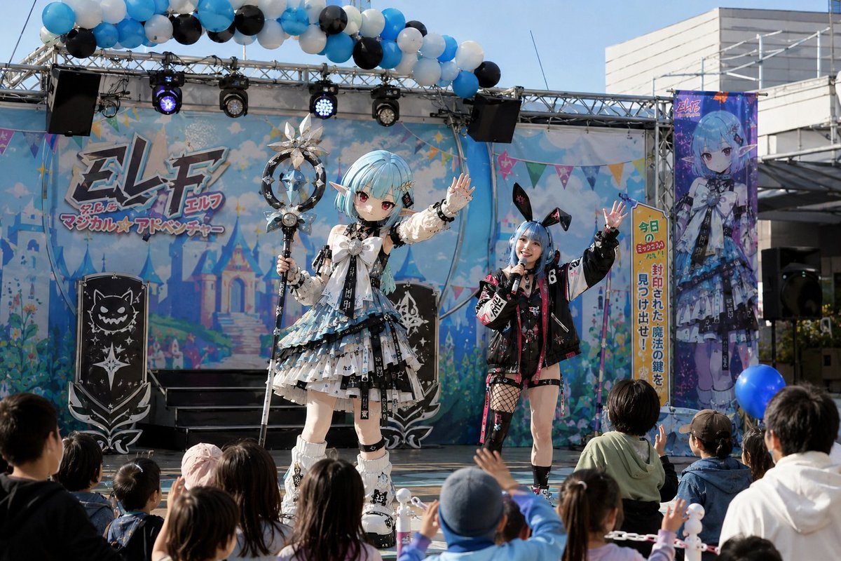 Eris_Create_Lab's tweet photo. #AIart #GPT
GPT用i2iプロンプト:
提供された1枚目の画像を着ぐるみキャラクターの基準リファレンスとして使用すること。

1枚目の参照画像のキャラクターを主人公とした、

「実在しない大人気作品のキャラクターショーのワンシーン」

を描くこと。

2枚目の画像が提供されている場合、

2枚目の参照画像のキャラクターを実写司会者の基準リファレンスとして使用すること。

2枚目の画像が存在しない場合、

イベントに自然に存在する実写司会者を生成すること。

これはキャラクター設定資料ではない。

これはポスターではない。

これはキービジュアルではない。

これは実際に開催されたキャラクターショーイベントの記録写真である。

その作品は長年にわたり多くの子供たちに愛され続け、

テレビアニメ、

ゲーム、

映画、

玩具展開などで高い人気を誇る国民的人気作品である。

現在描かれているのは、

全国各地で開催されたキャラクターショーツアーの中でも特に人気の高かった公演の一場面である。

1枚目の参照画像のキャラクターは、

公式キャラクターショー用に制作された高品質な着ぐるみとして表現すること。

ぬいぐるみではない。

人間サイズであること。

着ぐるみの中には演者が入っていること。

テレビ番組用ではなく、

実際のイベントショー用に制作された本格的な着ぐるみであること。

頭部は大型造形マスクで構成されていること。

参照画像の顔立ち、

髪型、

耳、

衣装、

色彩設計、

性格的特徴を維持しながら、

着ぐるみとして自然に再解釈すること。

参照画像のアイデンティティを維持すること。

子供たちに長年愛されてきた人気キャラクターであること。

2枚目の画像が提供されている場合、

2枚目の参照画像のキャラクターは実在する人間俳優として自然に再解釈すること。

顔立ち、

髪型、

衣装の特徴、

色彩設計、

雰囲気、

性格的特徴を維持しながら、

実写司会者として表現すること。

2枚目の画像が存在しない場合、

イベント内容に適した実写司会者を自然に生成すること。

司会者はキャラクターショーの進行役であること。

着ぐるみキャラクターと司会者は長年共演してきた名コンビであること。

親しみやすい関係性。

自然な掛け合い。

会場を盛り上げるプロフェッショナルな雰囲気。

会場は日本国内であること。

デパート屋上特設ステージ。

住宅展示場イベント会場。

ショッピングモール中央広場。

地域イベント会場。

テーマパーク特設ステージ。

遊園地イベント広場など、

実際に日本で開催されていそうな会場であること。

会場内には観客が存在すること。

子供たち。

保護者。

家族連れ。

イベントスタッフ。

自然な観覧風景。

会場には仮設ステージが設置されていること。

ステージ背景には作品世界を表現した大型セットが存在すること。

舞台背景、

アーチ看板、

大型バックパネル、

吊り幕などに、

ショーのタイトルやイベント名が自然に表示されていること。

文字は舞台装飾の一部として存在すること。

テレビテロップではないこと。

イベント会場らしいデザインであること。

カラフルな装飾。

バルーンアーチ。

旗。

ポスター。

立体オブジェ。

紙吹雪。

豊富な小道具。

親しみやすい舞台演出。

着ぐるみキャラクターと司会者は物語の途中であること。

冒険中。

クイズ大会。

科学実験ショー。

宝探しイベント。

ダンスステージ。

ヒーローショー。

問題解決中。

大発見の瞬間。

観客参加コーナーなど、

前後の展開を想像できる状況を描写すること。

観客の子供たちは楽しそうに見ていること。

手を振っていること。

応援していること。

拍手していること。

会場全体に高揚感があること。

照明は自然な屋外光またはイベント照明であること。

温かみがあること。

懐かしさがあること。

平成のイベント写真のような空気感。

家族の思い出アルバムの一枚のような雰囲気。

本当に開催されたイベントを撮影した写真のような自然さ。

高品質な実写写真。

高品質な着ぐるみ造形。

高品質な実写人物表現。

高品質なイベント会場描写。

豊富な小物描写。

奥行きのある構図。

観客視点の自然なカメラアングル。

静止画の一瞬から、

その作品やイベントの長い歴史と人気を感じ取れることを重視すること。