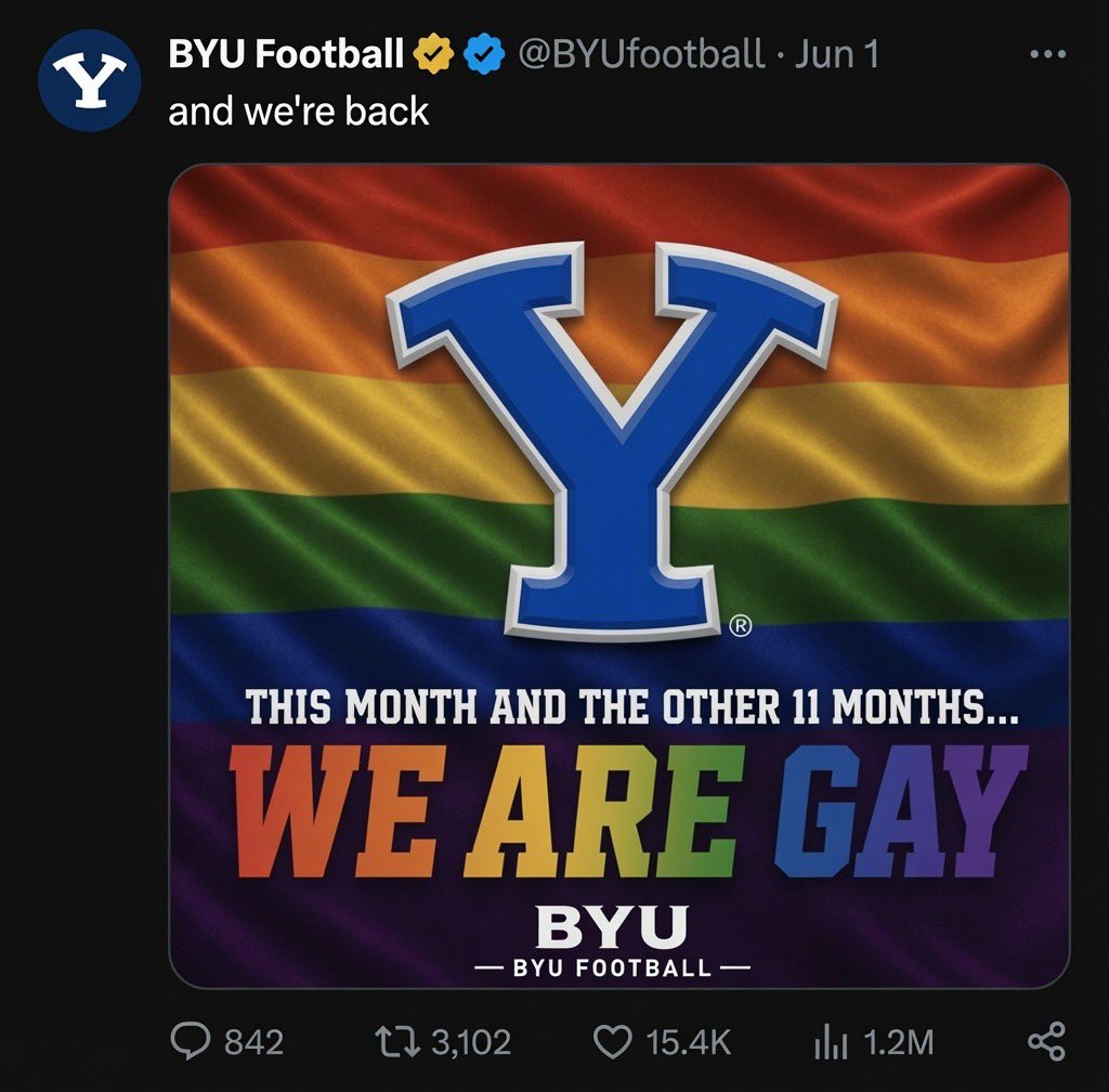 kimjongUTE's tweet photo. BYU Football shows their support of Pride Month in their most recent tweet. 

#GoUtes #NorthKorea https://t.co/pXFFfHBAKL