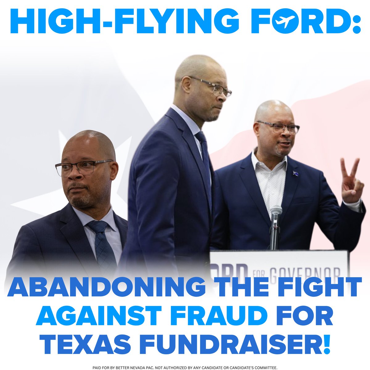 BetterNevadaPAC's tweet photo. High-Flying @AaronDFordNV had a chance to help crack down on fraud and protect Nevadans in a bipartisan effort with other state attorneys general.

Instead, he flew to Texas to fundraise for his struggling campaign.

For Ford, it’s all about self-service, not public service.

#NVleg #NVgov